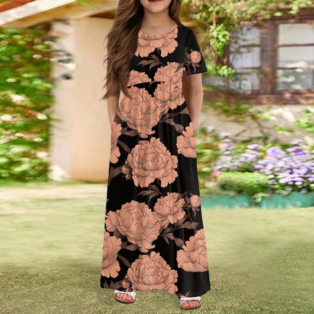 Длинное летнее платье для девочек - платье макси с короткими рукавами и карманами для детей 4-14 лет