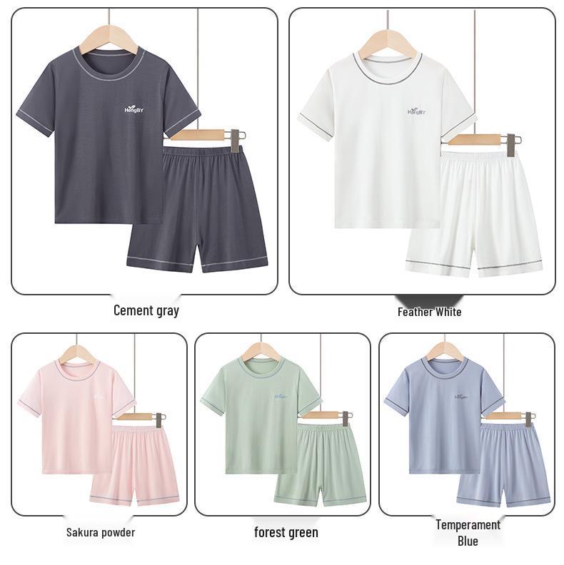 Летний детский модальный пижамный комплект: Короткий рукав и шорты, Домашняя одежда для парного ношения родитель-ребенок, Для мальчиков и девочек, Костюм для кондиционирования воздуха