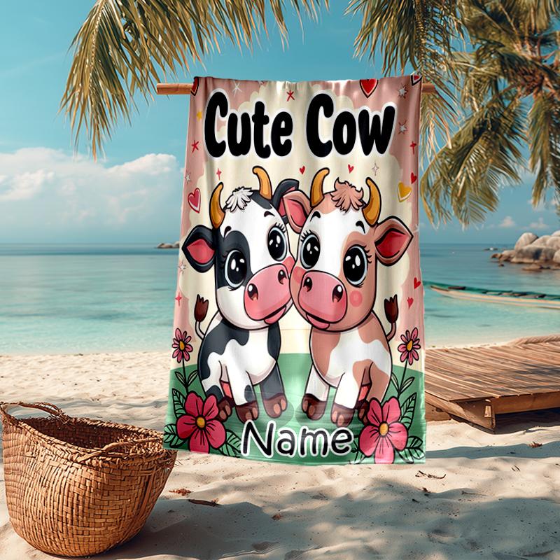 Custom Name Ultra-Soft Beach Towel with Cow Theme,Ideal for Pool - Camping, Diving - Perfect Travel Essential, Vibrant Beach Towel.