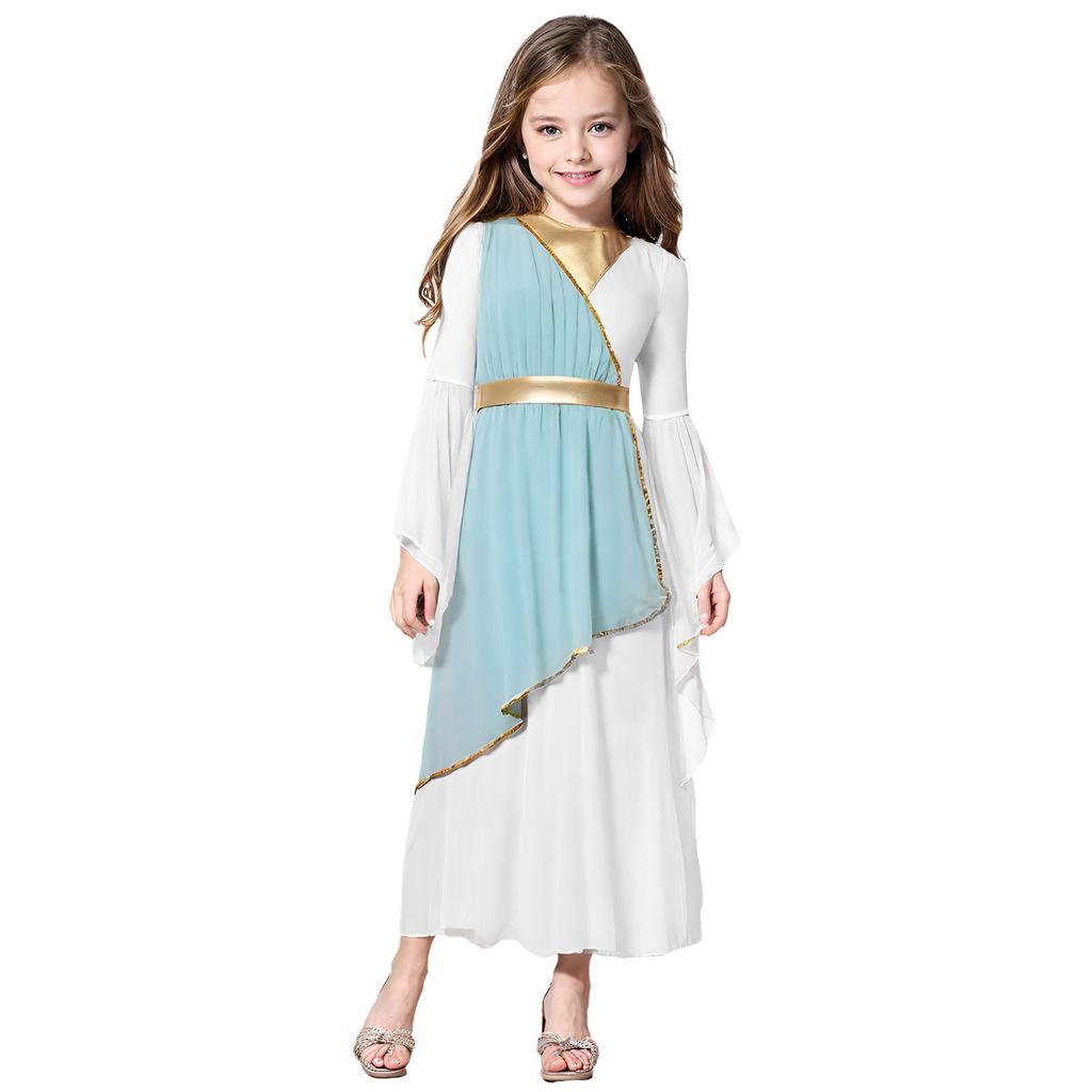 Halloween & Party Dress for Girls: Ancient Greek Princess Costume with Long Sleeves, Contrast Colors for Performance & Play
