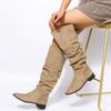 British Style Retro Large Size Women's Boots Black Khaki Flock Knee High Boots Ladies Mature Low Heels Pleated Sewing Women Shoe