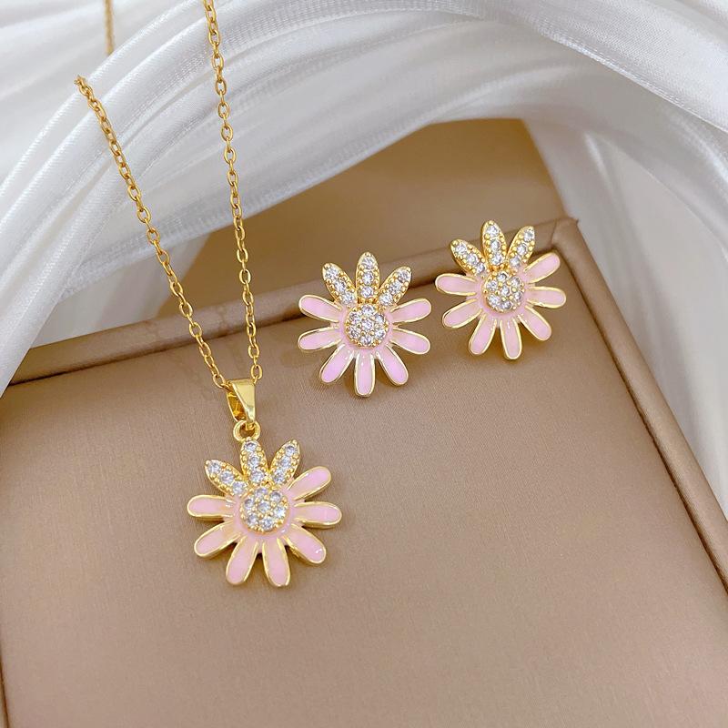 Copper Set Zircon Gold Plated Stainless Steel Chain Flower Butterfly Earrings Necklace Women's Jewelry