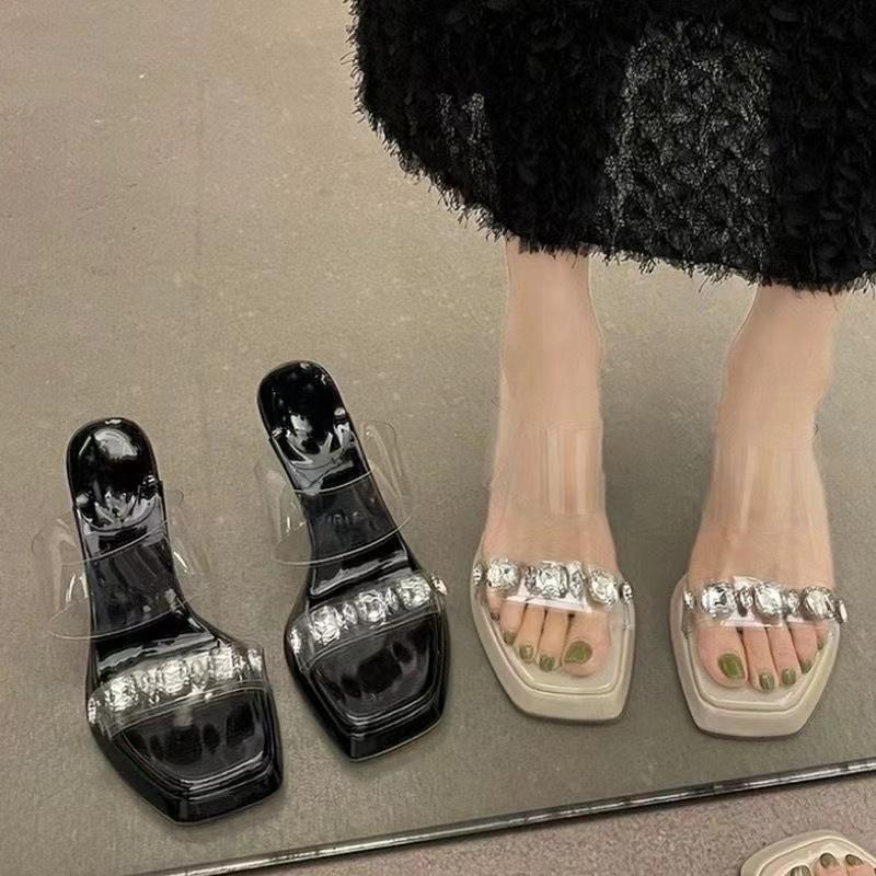 Rhinestone transparent crystal high-heeled sandals with 2025 new thick heel casual fashion versatile slippers