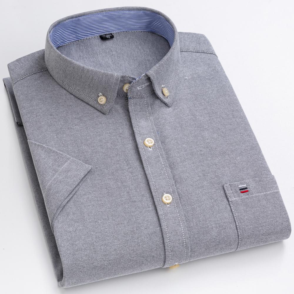 Мужская однотонная рубашка оксфорд из 100% хлопка, с коротким рукавом, на пуговицах, в стиле business casual, с нагрудным карманом