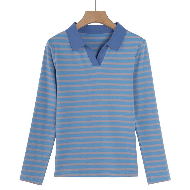 Women Striped T-Shirt Long Sleeve Tshirts V Neck Lady Tee Tops Female Clothes