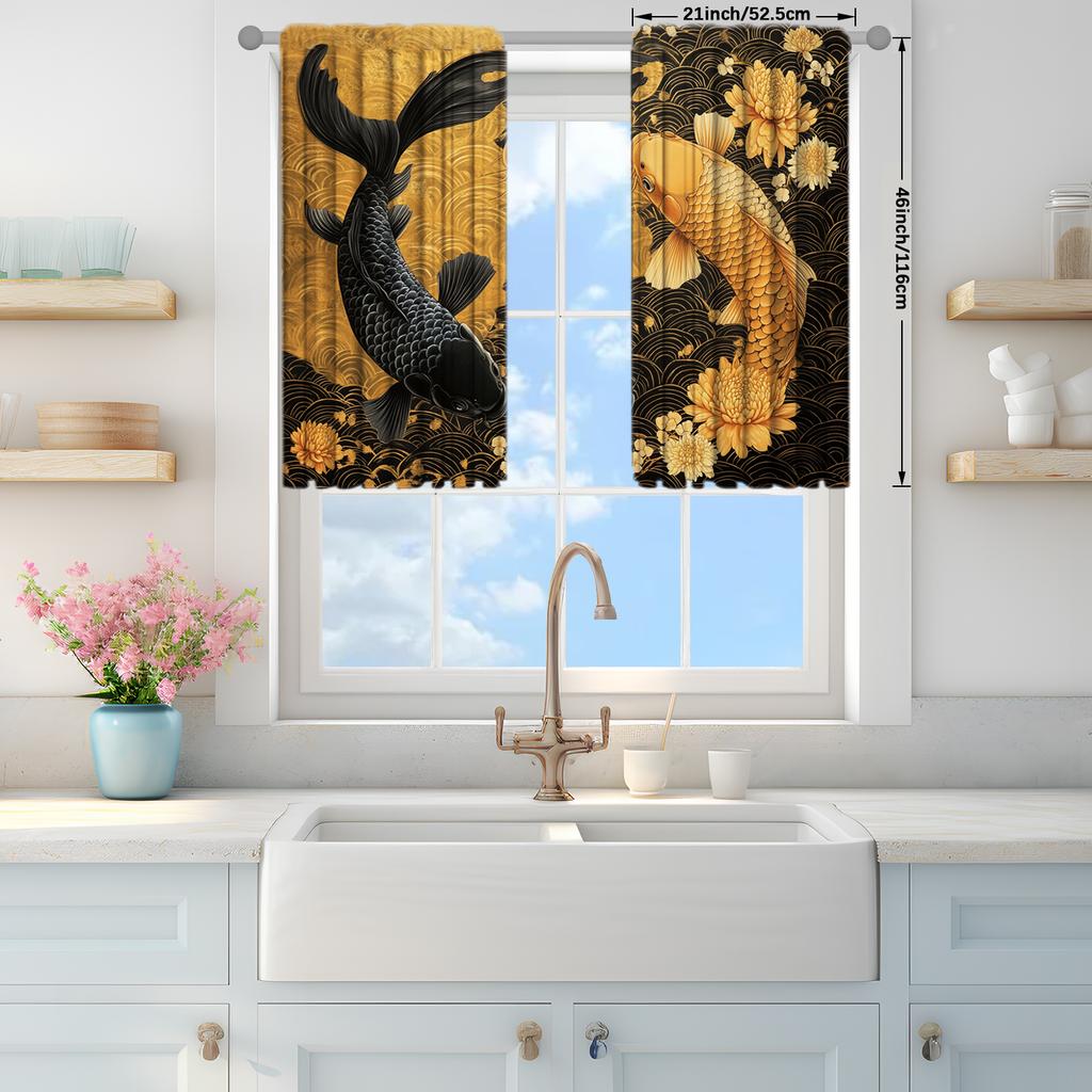 2pcs Koi Auspicious Pattern Printed Curtain for Home Decor - Rod Pocket Window Treatment for Bedroom, Office, Kitchen