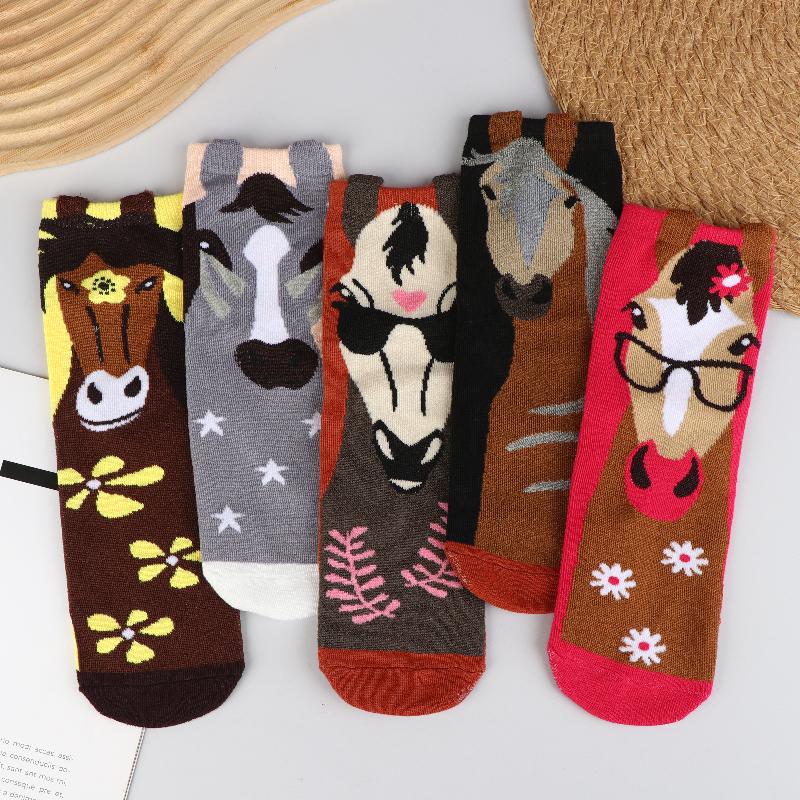 1/5 пар Женские мультяшные носки с принтом лошадей и животных, смешным узором лошадей, длинные носки в стиле комикс, уличные носки для скейтборда