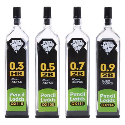 Грифели, стержни для механических карандашей, твердость HB/2B, размеры 0.3, 0.5, 0.7, 0.9, количество 5 штук