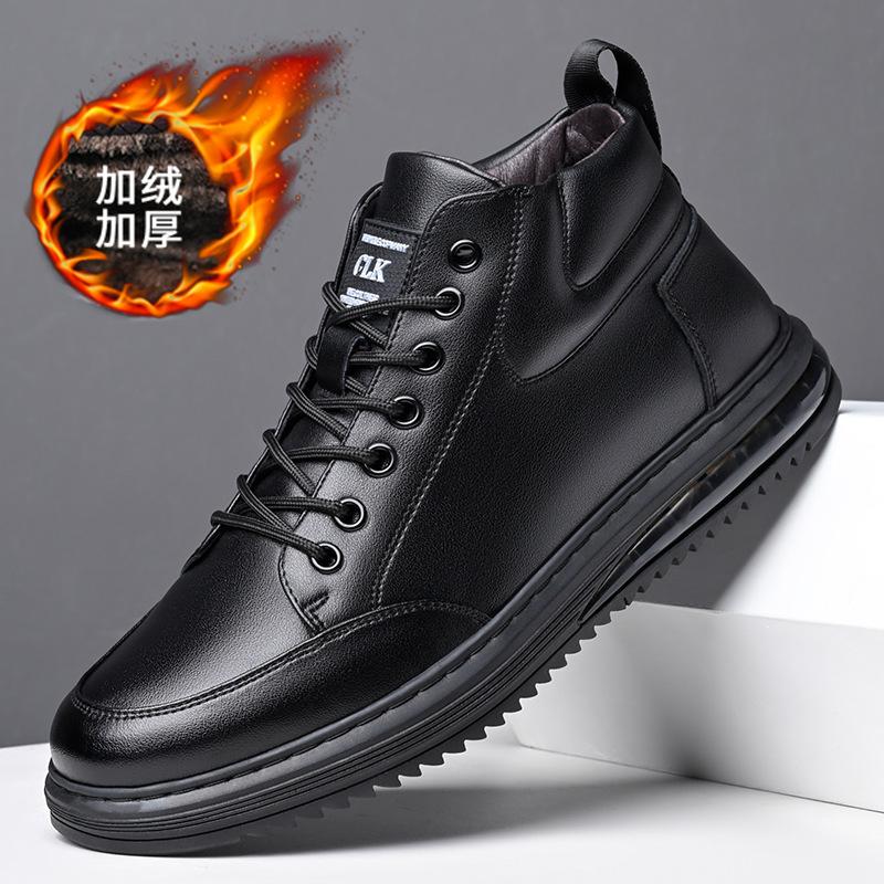 Осень Новая обувь для мужчин Натуральная кожа Повседневная обувь Уличная мода Высокие кеды Плоская обувь для отдыха Зимние теплые плюшевые сноубутсы