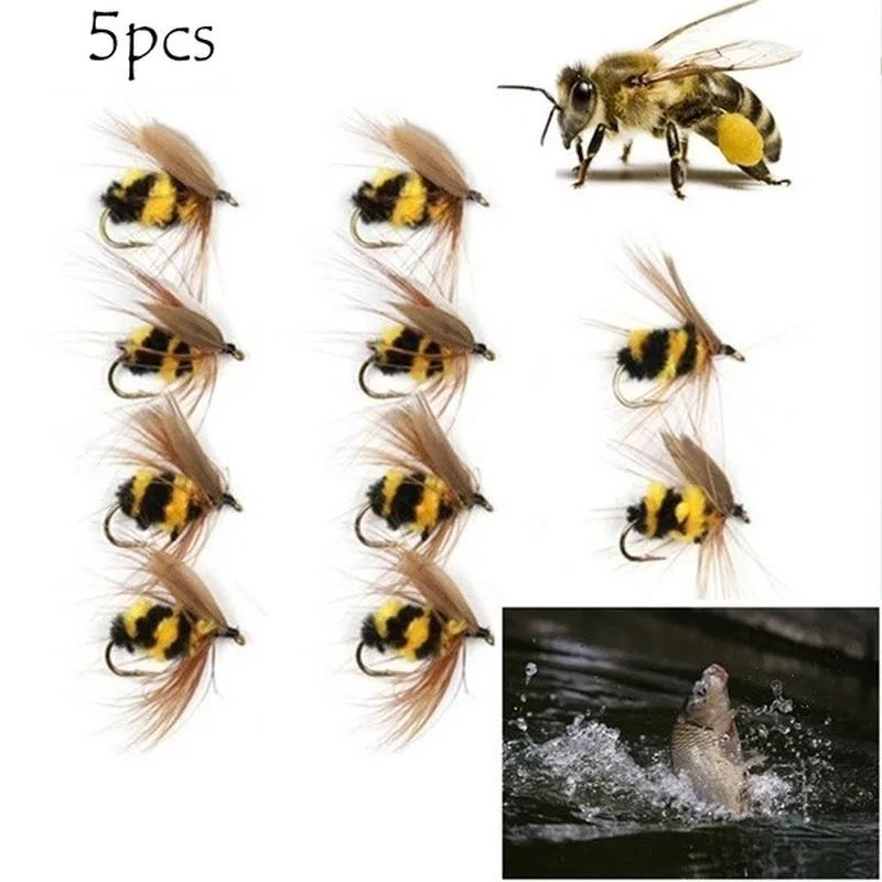 5pcs Simulation Bee Hook Fly Bait Meal Baitiao Makouluya Bait Water Floating Fly Hook