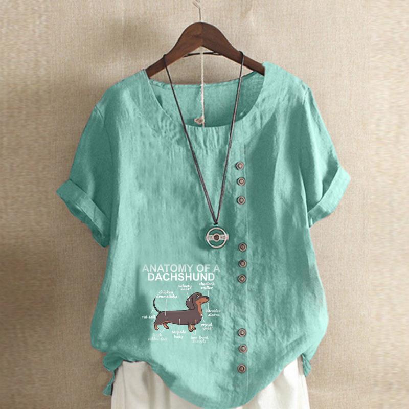 Women's Fashion Round Neck Short Sleeve T-shirt Casual Cotton Linen Graphic Shirt Letter Dog Prined Summer Blouse Tops Plus Size