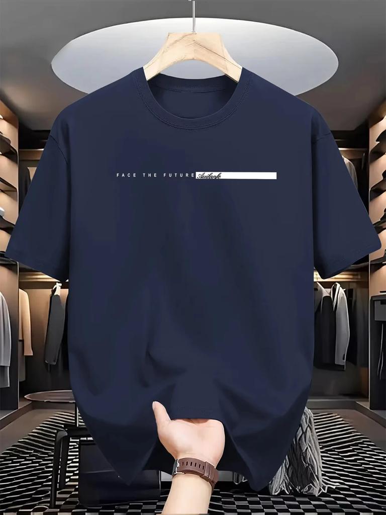 Men's Summer Cotton Casual Loose Big Letter Print Crew Neck Short Sleeve T-shirt, Street Style Neutral T-shirt.