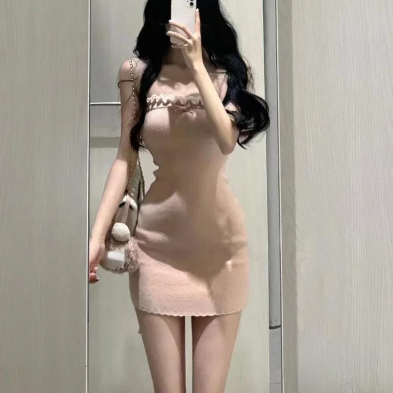 2023 японское милое трикотажное платье, костюмы, женский повседневный свитер с капюшоном, кардиган + Y2k, тонкое сексуальное платье на бретелях, элегантный комплект из 2 предметов, новый