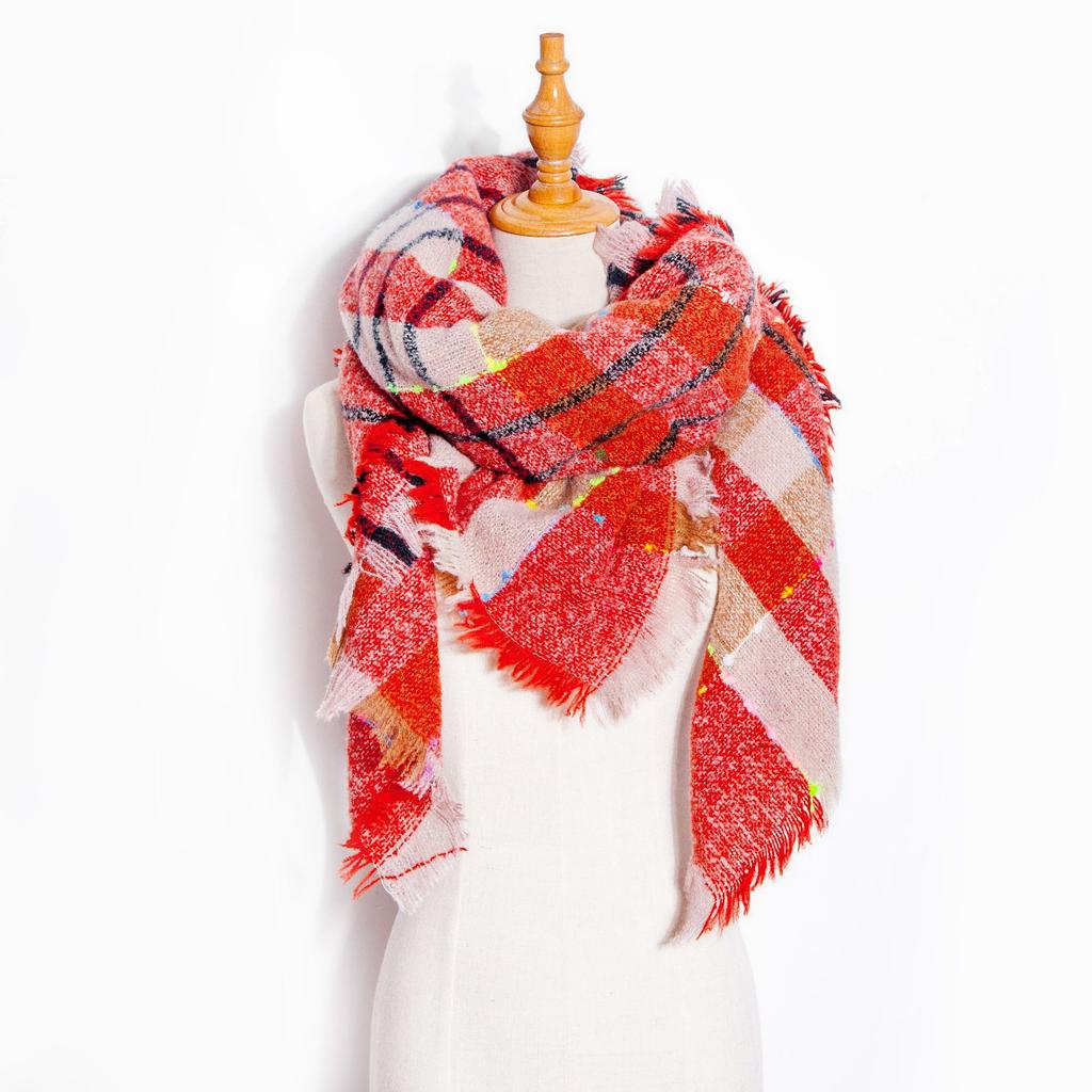 Осенне-зимний шарф с кисточками, женский клетчатый теплый треугольный платок