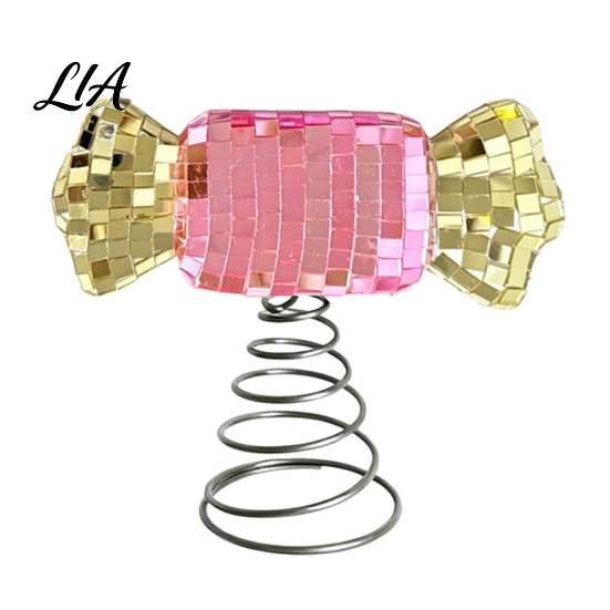 Sparkling Mirror Mosaic Star Christmas Tree Topper, Pink Gold Candy Top with Spring Base, Decorative Patch Topper Shiny Ornament for Holiday