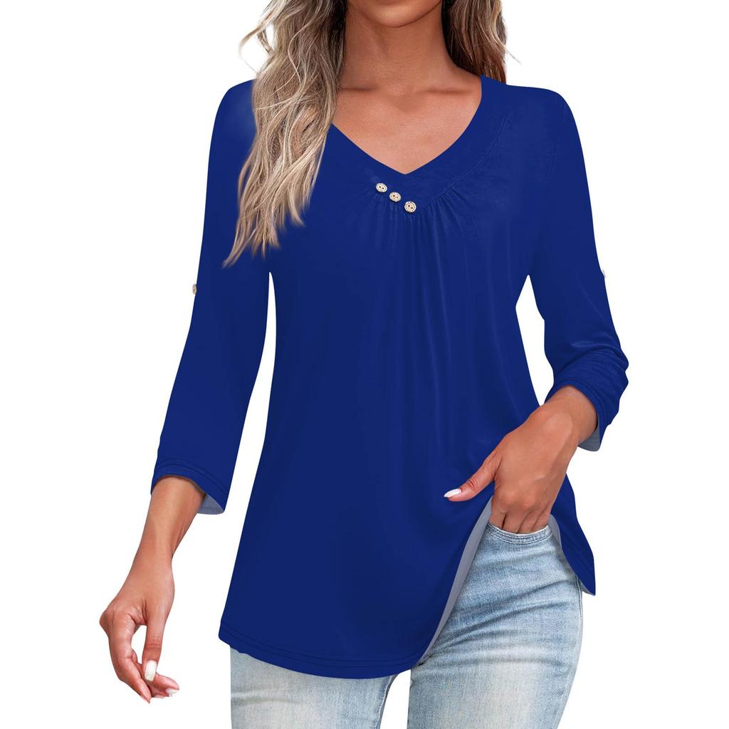 Shirts For Women Trendy V Neck Button T Shirts Casual Solid Color Summer Tees T Shirt Blouse Three Quarter Sleeve Tops For Women