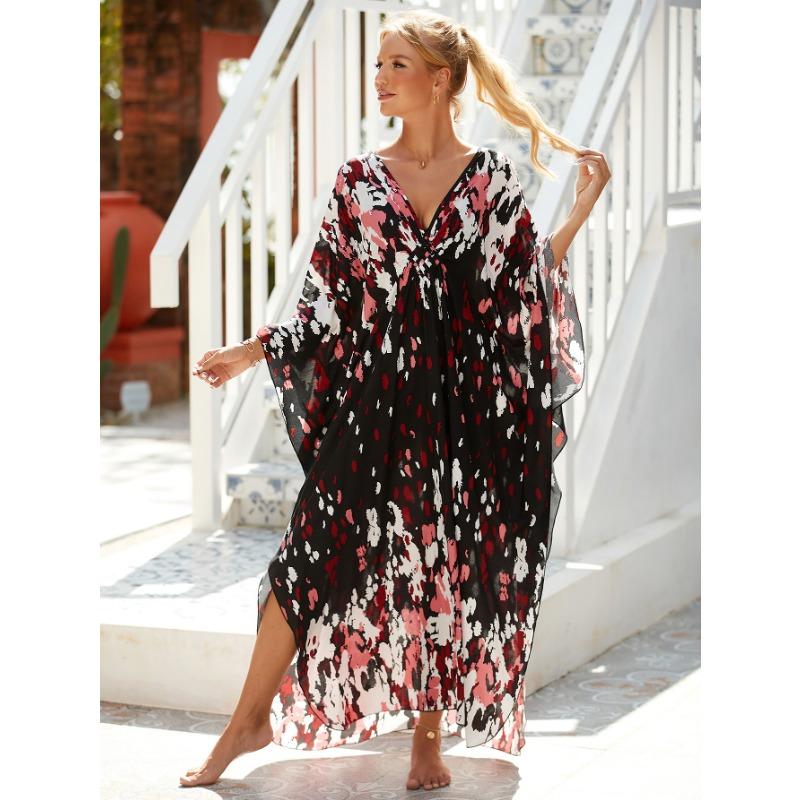 Women's Boho Cover Up, Plus Size Contrast Loose Fit Vacay Beach Kaftan Dress