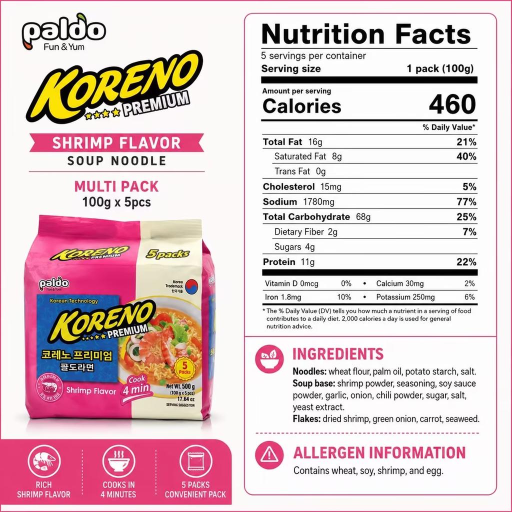 PALDO Shrimp Soup Noodle Multi Pack 100g*5pcs | Savory shrimp broth, springy noodles, practical multi-pack