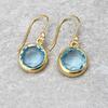 Solid 925 Sterling Silver Blue Topaz Gemstone Round Handmade Designer Yellow Gold Plated Dangler Earring