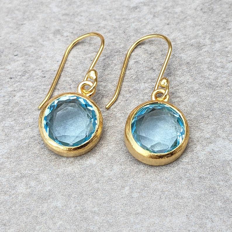 Solid 925 Sterling Silver Blue Topaz Gemstone Round Handmade Designer Yellow Gold Plated Dangler Earring