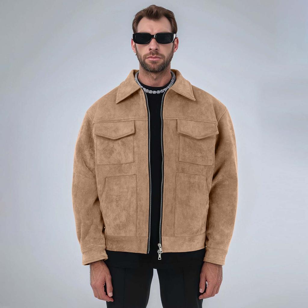 Мужская однотонная куртка с лацканами, повседневная удобная утолщенная куртка на молнии с большими карманами