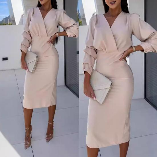 Осенне-весеннее женское платье с V-образным вырезом и рукавами-фонариками, формальное, в деловом стиле, облегающее, однотонное, с высокой талией, офисное платье миди для поездок на работу