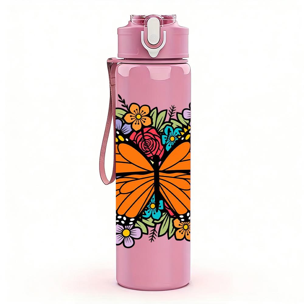 1PC Monarch Butterfly Floral 750ml Color Plastic Sports Water Bottle Leakproof Flip Straw Lid Suitable for Sports Office Home Use