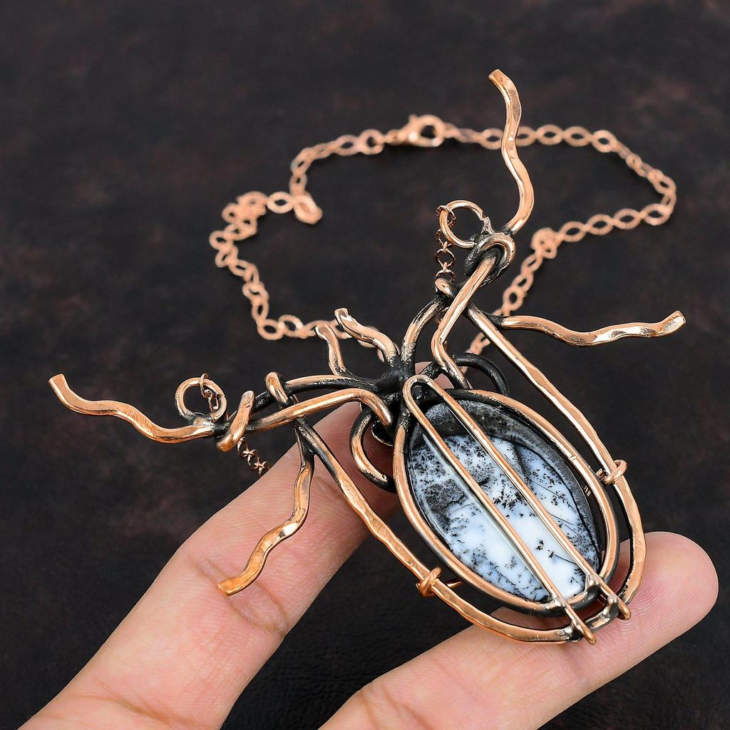 Ожерелье из дендритового опала, украшения, обмотанные медной проволокой, ожерелье ручной работы с регулируемой длиной, ожерелье с драгоценным камнем, украшения, обмотанные медной проволокой, подарки для женщин