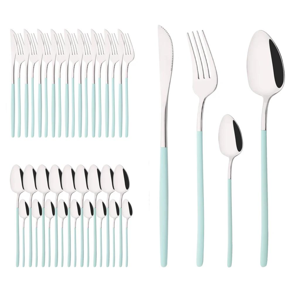 40Pcs Flatware Set Luxury Green Gold Cutlery Set Stainless Steel Dinnerware Fork Kitchen Knife Fork Coffee Spoon Tableware Set