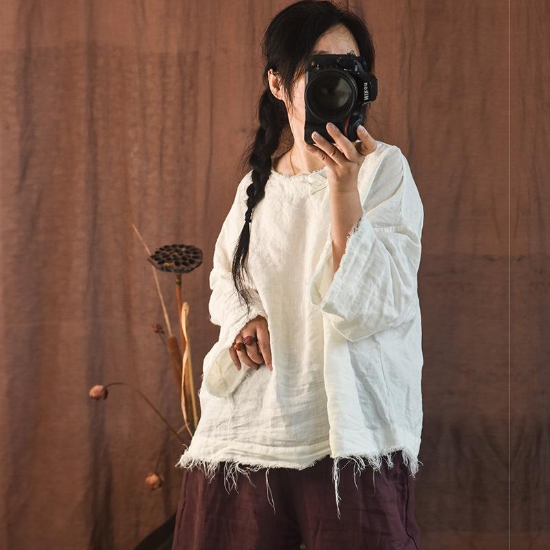Johnature Женские винтажные льняные рубашки, однотонные топы с длинными рукавами, осенние женские рубашки на пуговицах высокого качества, блузки