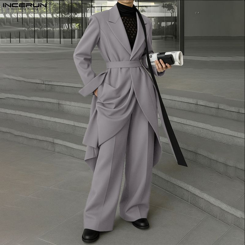 INCERUN Мужские наряды Пиковый лацкан Длинный рукав Необычный блейзер Ветровка Длинные брюки Повседневные костюмы-двойки