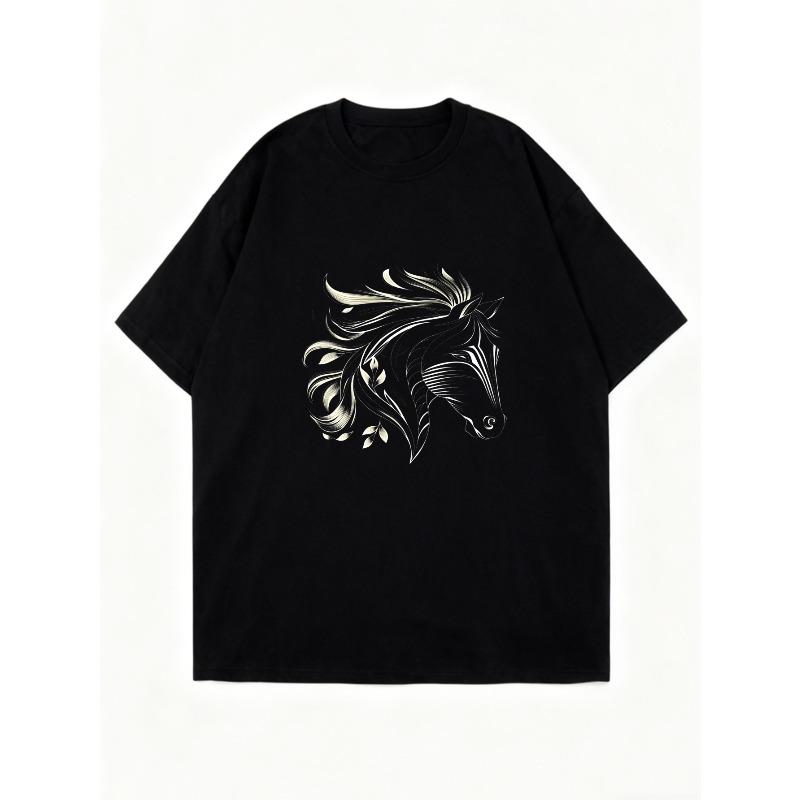 Свободное платье-футболка Черный принт с лошадью Для повседневной носки