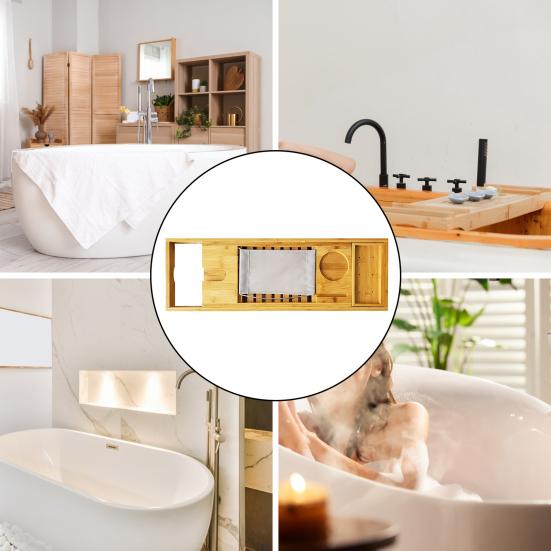 Бамбуковый поднос для ванны с держателем для бокала для вина, нескользящая ручка, регулируемая полка для ванны, многофункциональная подставка для книг, ванная комната