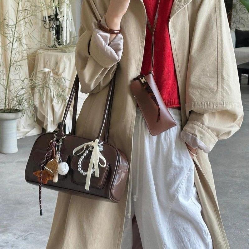 Коричневая ретро корейская женская сумка для боулинга - Большая вместимость, сумка через плечо для осени и зимы