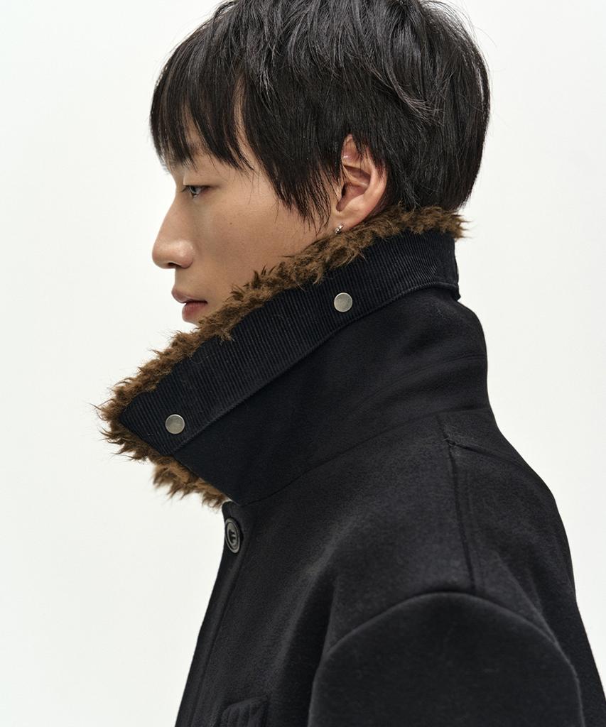 ADSB ANDERSSON BELL Detachable Fur Collar Chesterfield Coat (Black)