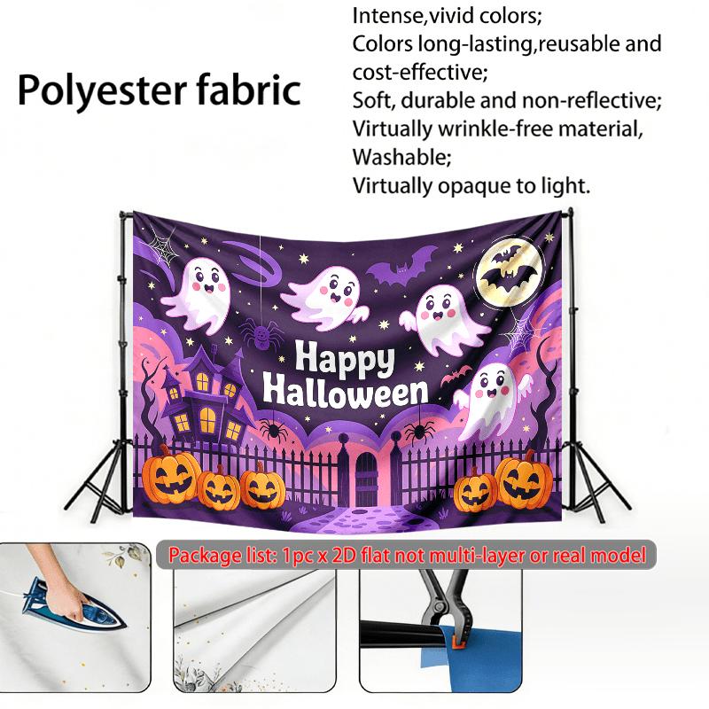 Pumpkins Ghosts Halloween Night Backdrop, Spooky Polyester Banner for Party Decor & Photos