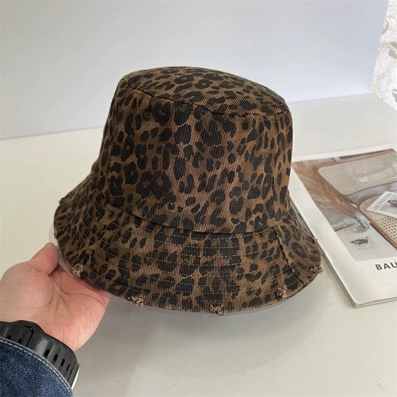 Retro Hole Design Leopard Print Bucket Hats For Women Spring And Summer Travel Sunscreen Versatile Casual Simple Basin Cap