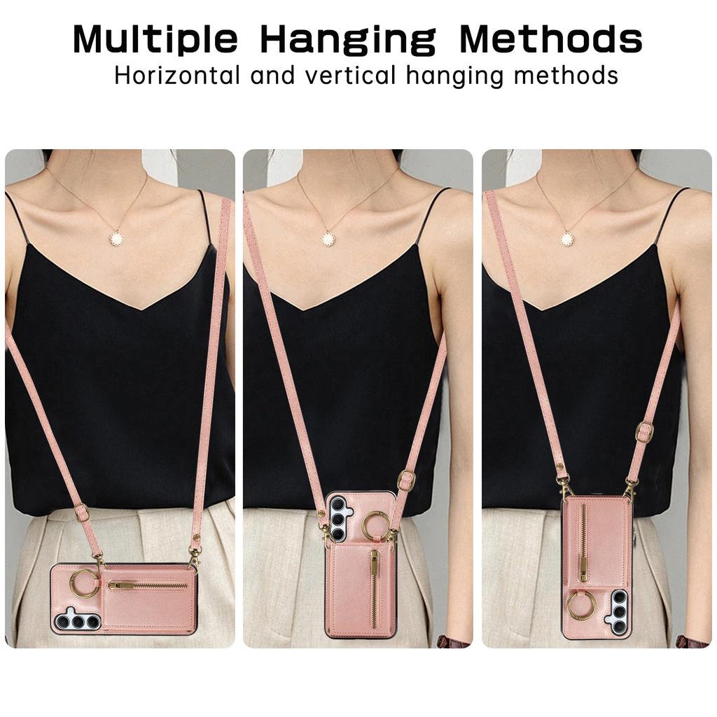 Чехол-кошелек для карточек-молний через плечо из кожи для Samsung Galaxy S24 Ultra S23 FE S22 S21 Plus A55 A15 A25 A35 A54 с кольцом