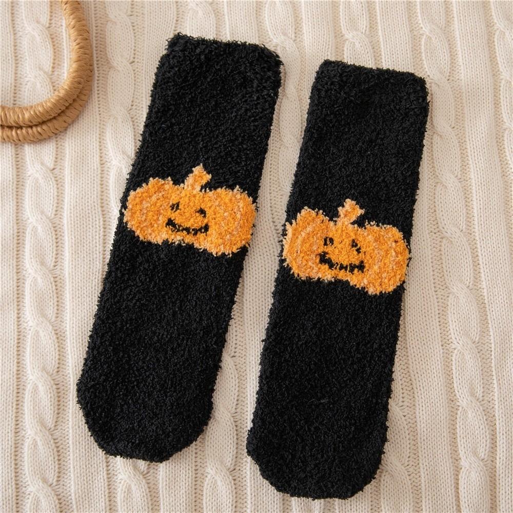4pairs/set Coral Fleece Halloween Socks Soft Bat Ghost Mid-Calf Socks  Hallowmas Gift