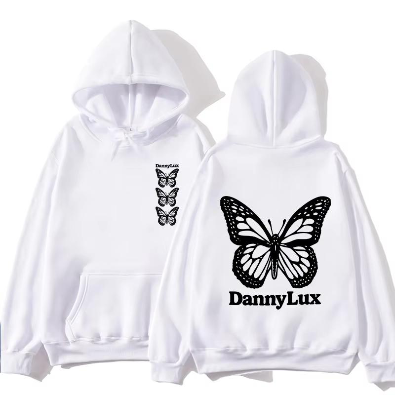 Butterfly‑line Men Hoodie Front Small Vertical Butterfly Graphic, Back Large Butterfly Text Logo Pullover For Trendy Daily Casual Street Outfits