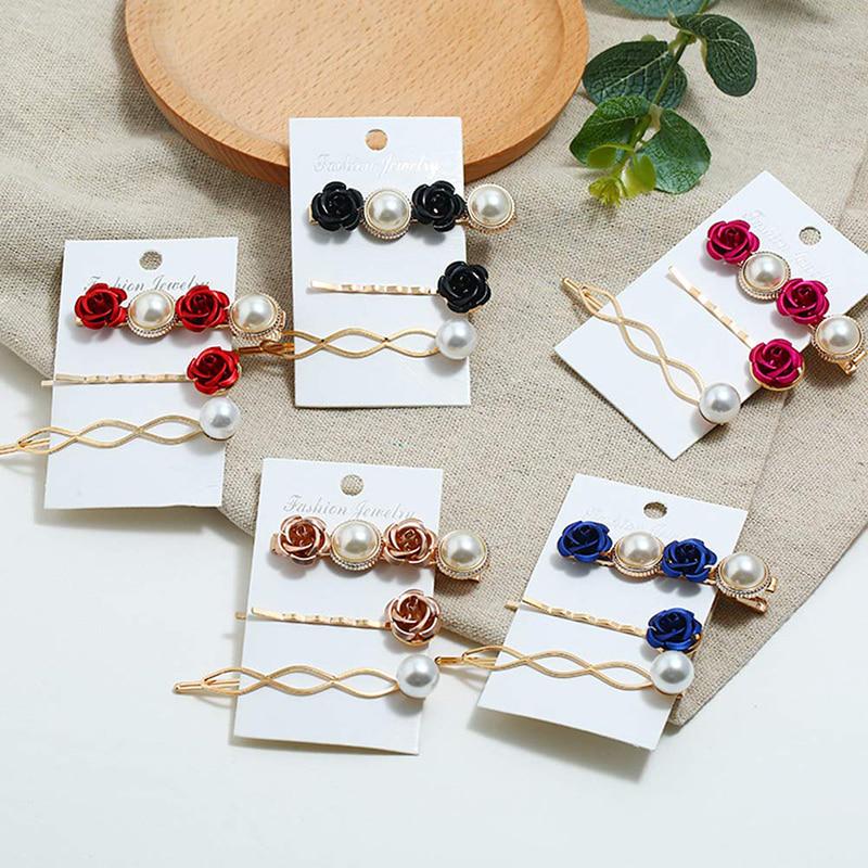 Exquisite Rose Flower Hairpin Bangs Pearl Clip Three-piece Side Clip Ladies Geometric Hairpin Hair Accessories