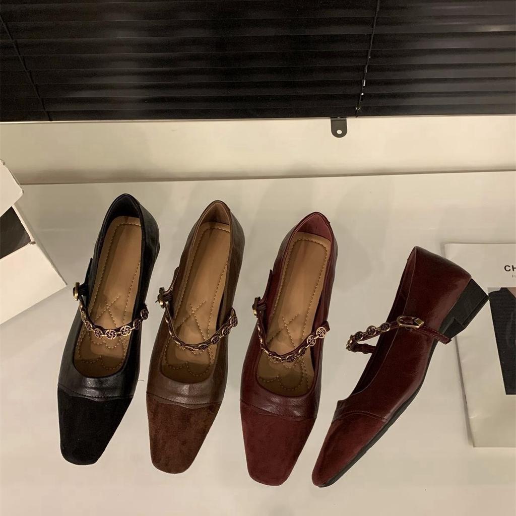 French Low-heeled Red Mary Jane Single Shoes Women's Shoes 2025 New Spring and Autumn Retro Splicing Black Commuter Shoes