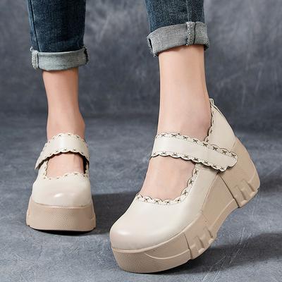 Модная GKTINOO 2025 Осень Новая Натуральная Кожа Удобная Обувь на Толстой Подошве Клиновидный Каблук Туфли-Лодочки Мягкая Подошва Женская Обувь на Плоской Платформе