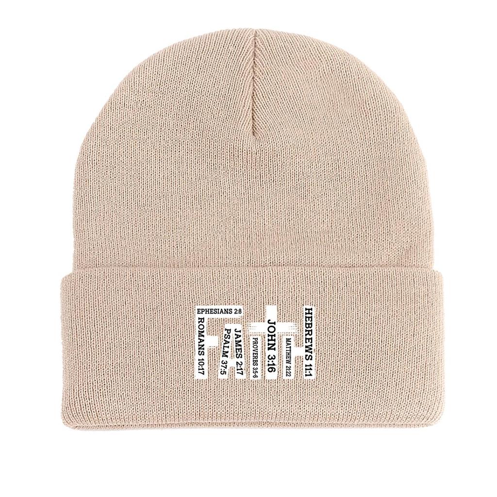 White "FAITH" Cross Winter Knitted Hat Beanie, Woman Cap Cuff Thermal Solid Color Headwear Knit Hat Beanie