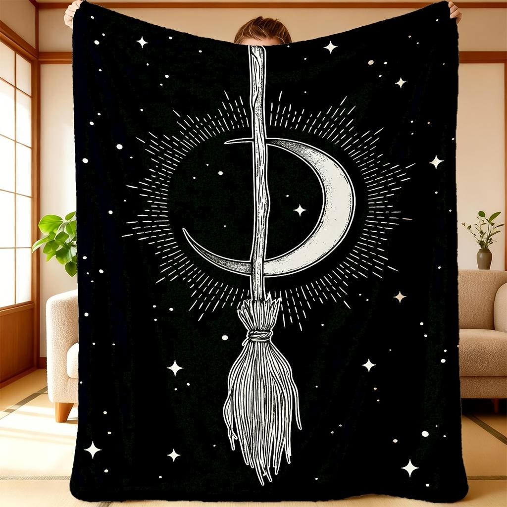 1pc Enchanted Wand Flannel Blanket | Black with White Crescent And Stars Design Perfect for Sofa Living Room Camping And Travel Ma