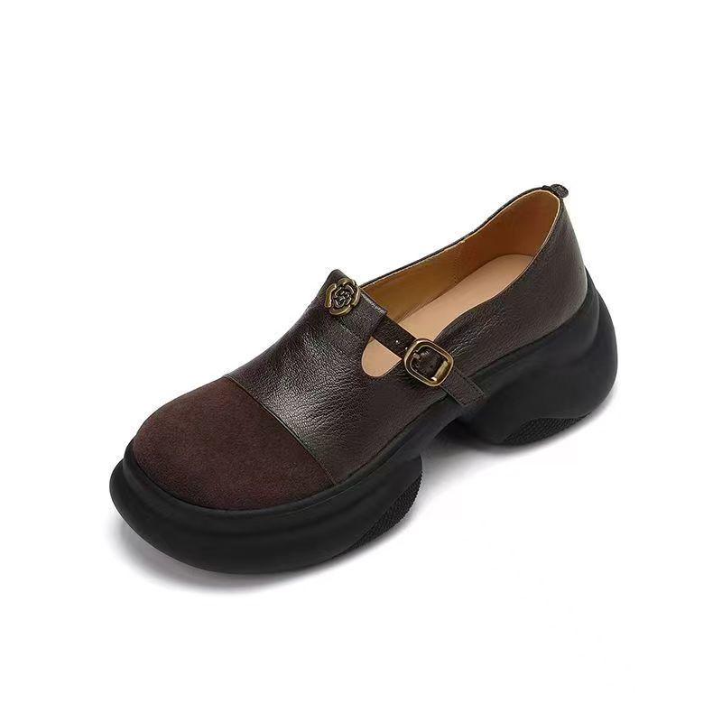 Sponge Cake Platform Leather T-Strap Loafers - High Heels for Women, 2025 Spring/Autumn Collection