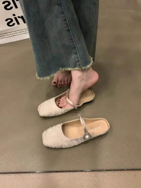 Мокасины, туфли, женские тапочки, летние, роскошные, с закрытым носком, женские мюли, пантофле, низкие, дизайнерские мюли, новые, серебристые, на плоской подошве, Рим