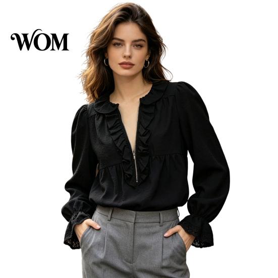Long Sleeve Shirts Women Half Zipper V-Neck Blouse, Bohemian Ruffle Top, Loose Fit Blouses Solid Color Pleated Shirt for Spring Fall with Bell Sleeves