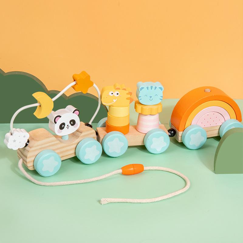Baby Wooden Drag Toddler Train Animal Rainbow Brick Shape Matching Column Tractor Educational Toys