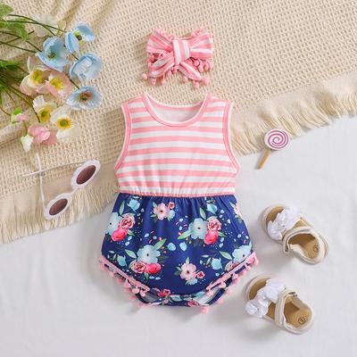 Детский комбинезон с цветочным принтом для девочек 1-18 месяцев, боди с повязкой на голову